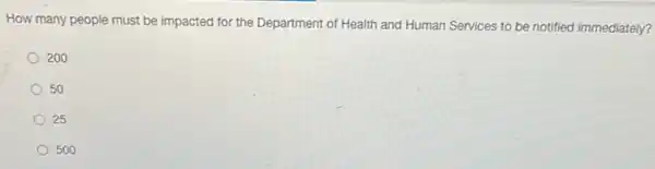 How many people must be impacted for the Department of Health and Human Services to be notified immediately?
200
50
25
500