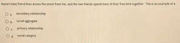 Marie's best friend lives across the street from her.and the two friends spend most of their free time together. This is an example of a
a secondary relationship
b social aggregate
c primary relationship
d social category