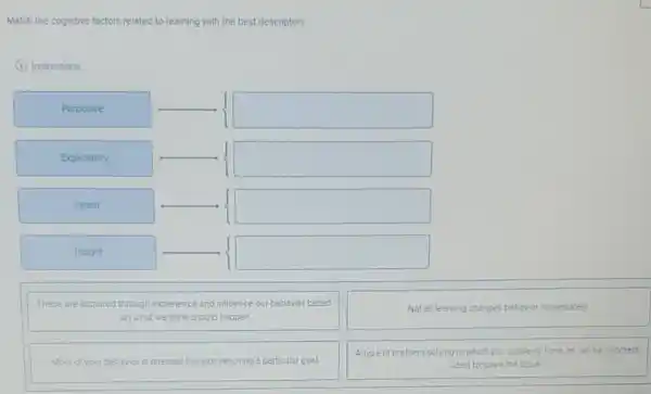 Match the cognitive factors related to learning with the best descriptors.
(i) Instructions
Purposive
square 
Expectancy
square 
Latent
square 
Insight
square 
These are acquired through experience and influence our behavior based
on what we think should happen
Not all learning changes behavior immediately
Most of your behavior is directed towards reaching a particular goal.
A type of problem-solving in which you suddenly have an "ar-ha"moment
used to solve the issue