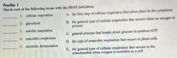 Match each of the followles terms with the BEST definition.
__ 1. cellular respiration
__ 2. glycolysis
__ 3. acroble respiration
__ 4. anacrobic respiration
__ 5. alcoholie fermentation
A. the first step of cellular respiration that takes place in the eytoplasm
B. the general type of cellular respiration that occurs when no oxygen is
present
C. general process that breaks down glucose to produce ATP
D. the type of anserobic respiration that occurs in plant cells
II. the general type of cellular respiration that occurs in the
milochondria when oxygen is available to a cell
Preetlee 1