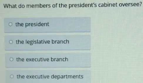 What do members of the president's cabinet oversee?
the president
the legislative branch
the executive branch
the executive departments