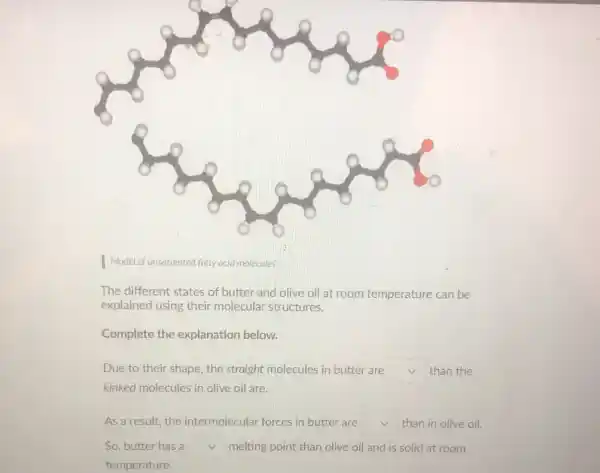 Model of unsaturated fatty acid molecules'
The different states of butter and olive oil at room temperature can be
explained using their molecular structures.
Complete the explanation below.
Due to their shape , the straight molecules in butter are square  than the
kinked molecules in olive oil are.
As a result, the intermolecular forces in butter are square  than in olive oil.
So, butter has a square  melting point than olive oil and is solid at room
temperature.