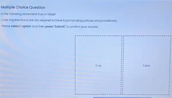 Multiple Choice Question
Is the following statement true or false?
Care organisations are not required to have food handling policies and procedures.
Please select 1 option and then press "Submit" to confirm your answer.
True
False