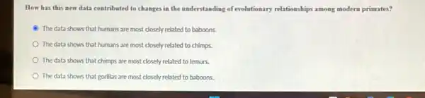 How has this new data contributed to changes in the understanding of evolutionary relationships among modern primates?
The data shows that humans are most closely related to baboons.
The data shows that humans are most closely related to chimps.
The data shows that chimps are most closely related to lemurs.
The data shows that gorillas are most closely related to baboons.