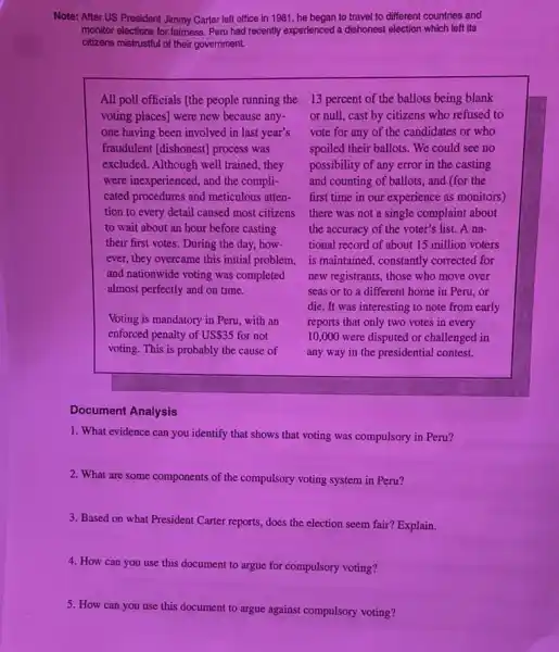 Note: After US President Jimmy Carter left office in 1981, he began to travel to different countries and
monitor elections for fairness Peru had recently experienced a dishonest election which left its
citizens mistrustful of their government.
All poll officials [the people running the 13 percent of the ballots being blank
voting places] were new because any-
one having been involved in last year's
fraudulent [dishonest] process was
excluded. Although well trained they
were inexperienced, and the compli-
cated procedures and meticulous atten-
tion to every detail caused most citizens
to wait about an hour before casting
their first votes. During the day, how-
ever, they overcame this initial problem,
and nationwide voting was completed
almost perfectly and on time.
Voting is mandatory in Peru, with an
enforced penalty of US 35 for not
voting. This is probably the cause of
or null, cast by citizens who refused to
vote for any of the candidates or who
spoiled their ballots. We could see no
possibility of any error in the casting
and counting of ballots and (for the
first time in our experience as monitors)
there was not a single complaint about
the accuracy of the voter's list. A na-
tional record of about 15 million voters
is maintained, constantly corrected for
new registrants, those who move over
seas or to a different home in Peru , or
die. It was interesting to note from early
reports that only two votes in every
10,000 were disputed or challenged in
any way in the presidential contest.
Document Analysis
1. What evidence can you identify that shows that voting was compulsory in Peru?
2. What are some components of the compulsory voting system in Peru?
3. Based on what President Carter reports, does the election seem fair? Explain.
4. How can you use this document to argue for compulsory voting?
5. How can you use this document to argue against compulsory voting?