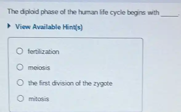 The ofploid phase of the human life cycle begins with __
View Available Hint(s)
fertilization
meiosis
the first division of the zygote
mitosis