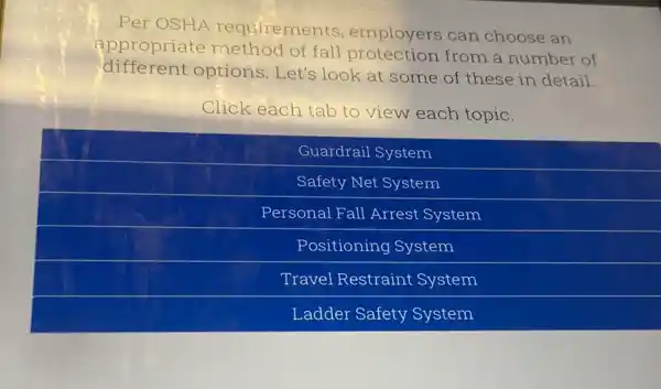 Per OSHA requirements, employers can choose an appropriate method of fall protection from a number of different options. Let's look at some of these in detail.
Click each tab to view each topic.
Guardrail System
Safety Net System
Personal Fall Arrest System
Positioning System
Travel Restraint System
Ladder Safety System