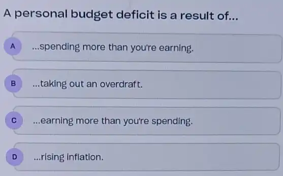 A personal budget deficit is a result of __
A __ spending more than you're earning.
B )
__ taking out an overdraft.
...earning more than you're spending.
D ) ...rising inflation.