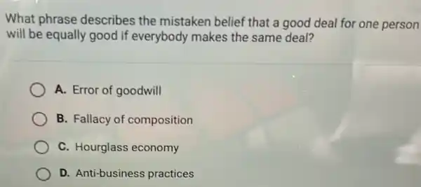 What phrase describes the mistaken belief that a good deal for one person
will be equally good if everybody makes the same deal?
A. Error of goodwill
B. Fallacy of composition
C. Hourglass economy
D. Anti-business practices