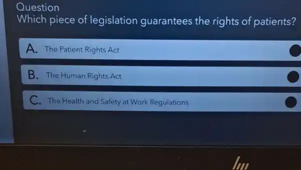 Which piece of legislation guarantees the rights of patients?
A. The Patient Rights Act
B. The Human Rights Act
C. The Health and Safety at Work Regulations