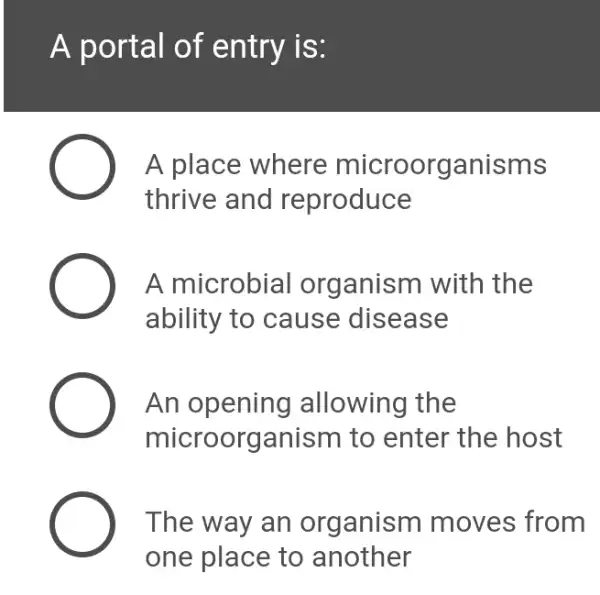 A port al of entry is:
A place where microorganisms
thrive and reproduce
A microbial organism with the
ability to cause disease
An opening allowing the
microorganism to enter the host
The way an org anism moves from
one place to another