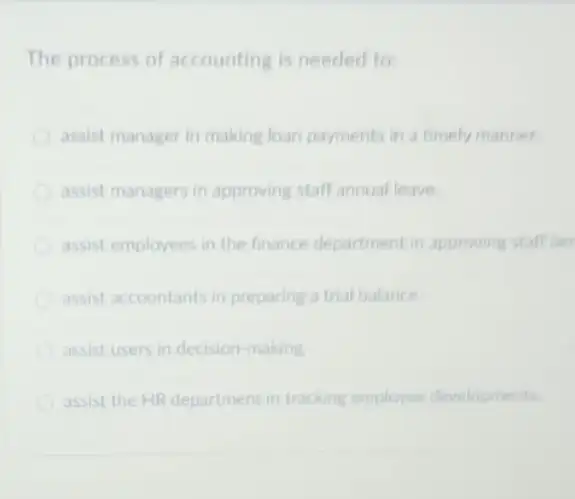 The process of accounting is needed to:
assist manager in making loan payments in a timely manner
assist managers in approving staff annual leave.
assist employees in the finance department in approving staff ber
assist accountants in preparing a trial balance.
assist users in decision -making
assist the HR department in tracking employee developments.