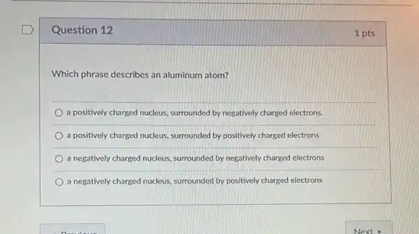 Question 12
Which phrase describes an aluminum atom?
a positively charged nucleus surrounded by negatively charged electrons.
a positively charged nucleus surrounded by positively charged electrons
a negatively charged nucleus surrounded by negatively charged electrons
a negatively charged nucleus surrounded by positively charged electrons
1 pts