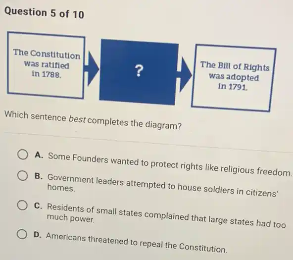 Question 5 of 10
Which sentence best completes the diagram?
A. Some Founders wanted to protect rights like religious freedom.
B. Government leaders attempted to house soldiers in citizens' homes.
C. Residents of small states complained that large states had too much power.
D. Americans threatened to repeal the Constitution.