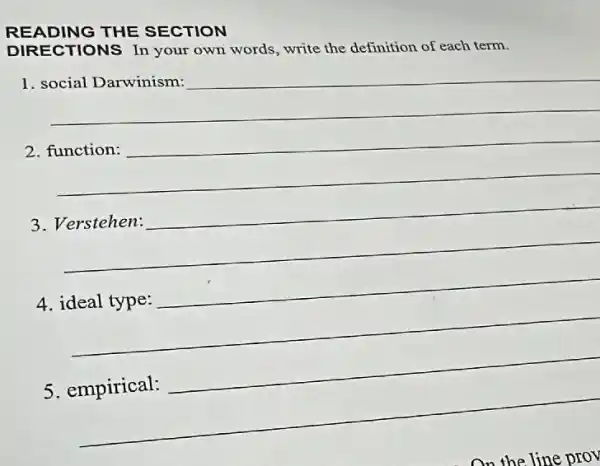 READING THE SECTION
ECTIONS In your own words, write the definition of each term.
__
__
between
__
__
discrimination
__