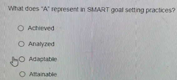 What does "A" represent in SMART goal setting practices?
Achieved
Analyzed
Adaptable
Attainable