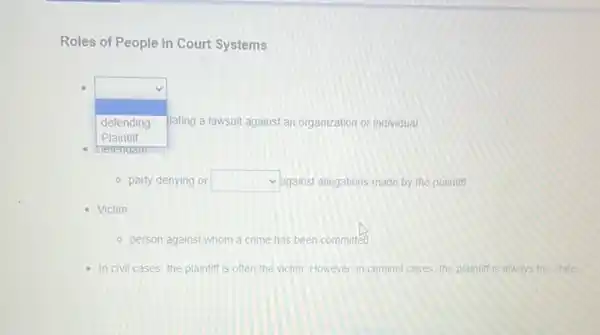 Roles of People in Court Systems
square 
jiating a lawsuit against an organization or individual defending
berendan
- party denying or square  lagainst allegations made by the plaintift
Victim
- person against whom a crime has been committed
In civil cases, the plaintiff is often the victim. However, in criminal cases, the plaintiff is always the state