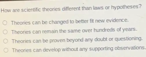 How are scientific theories different than laws or hypotheses?
Theories can be changed to better fit new evidence.
Theories can remain the same over hundreds of years.
Theories can be proven beyond any doubt or questioning.
Theories can develop without any supporting observations.