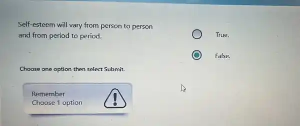 Self-esteem will vary from person to person
and from period to period.
Choose one option then select Submit.
Remember
True.
False.