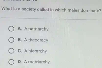 What is a society called in which males dominate?
A. A patriarchy
B. A theocracy
C. A hierarchy
D. A matriarchy