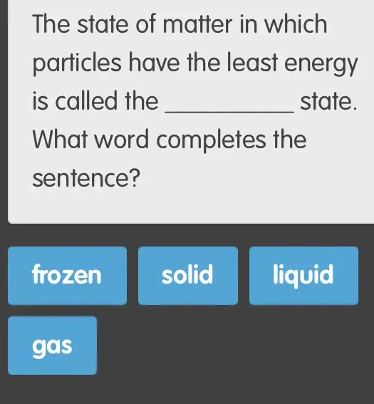 The state of matter in which
particles have th e least energy
is called the __ state.
What word completes the
sentence?
frozen
solid
liquid
ggs