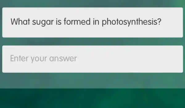 What sugar is formed in photosynthesis?
Enter your an swer