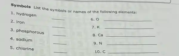 Symbols List the symbols or names of the following elements:
1. hydrogen
__
2. iron
__
3. phosphorous
__
4. sodium
__
5. chlorine
__
6.0 __
7.K __
8. Ca __
9. N __
10. C __
__