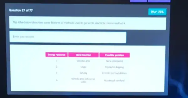 The table below describes some features of methods used to generate electricity. Name method 4
Enter your answer

 Energy resource & Meal lecerlen & Pesille problem 
 1 & Vokanic area & None anticipated 
 2 & Coast & Hazard to shipping 
 3 & Estuory & Harm to brd populations 
 4 & }(l)
Remole area with a river 
valiey
 & Flooding of farmiand