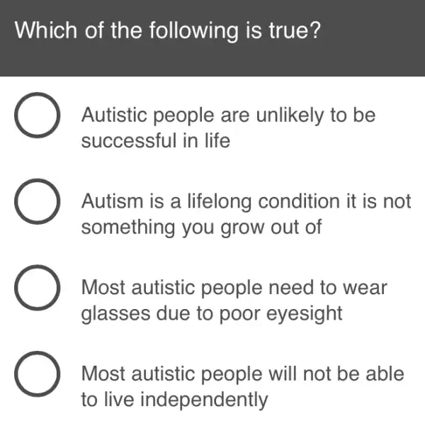 Which of th e following is true?
Autistic people are unlikely to be
successful in life
Autism is a lifelong condition it is not
something you grow out of
Most autistic people need to wear
glasses due to poor eyesight
Most autistic people will not be able
to live independently