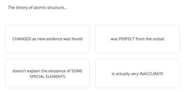 The theory of atomic structure...
CHANGED as new evidence was found
was PERFECT from the outset
doesn't explain the existence of SOME
SPECIAL ELEMENTS
is actually very INACCURATE