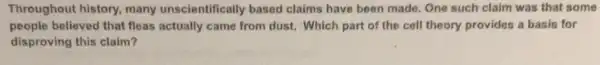 Throughout history, many unscientifically based claims have been made One such claim was that some
people believed that fleas actually came from dust Which part of the cell theory provides a basis for
disproving this claim?