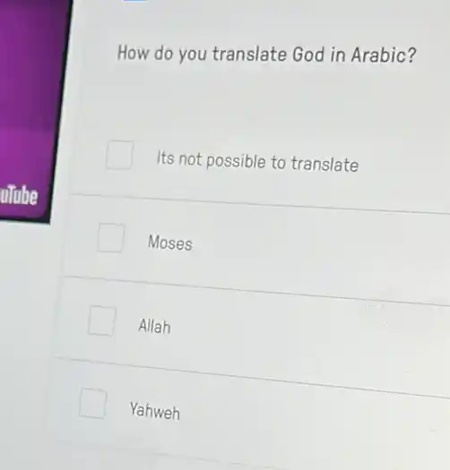 How do you translate God in Arabic?
Its not possible to translate
Moses
Allah
Yahweh