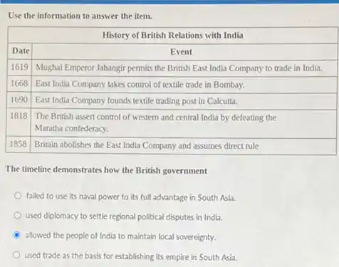 Use the information to answer the item.

 multicolumn(2)(|c|)( History of British Relations with India ) 
 Date & Event 
 1619 & Mughal Emperor Jahangir permits the British East India Company to trade in India. 
 1668 & East India Company takes control of textile trade in Bombay. 
 1690 & East India Company founds textile trading post in Calcutta. 
 1818 & 
The British assert control of western and central India by defeating the 
Maratha confederacy.
 
 1858 & Britain abolishes the East India Company and assumes direct rule 


The timeline demonstrates how the British government
failed to use its naval power to its full advantage in South Asia.
used diplomacy to settle regional political disputes in India.
allowed the people of India to maintain local sovereignty.
used trade as the basis for establishing its empire in South Asia.