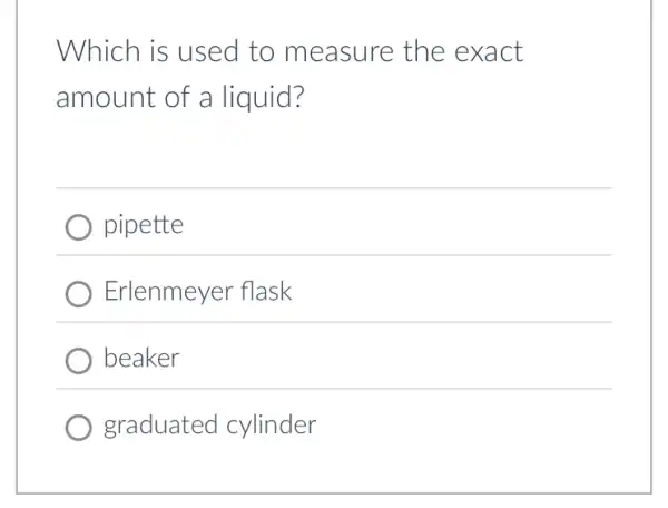 Which is used to measure the exact
amount of a liquid?
pipette
Erlenmeyer flask
beaker
graduated cylinder