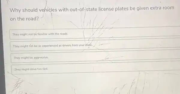 Why should vehicles with out-of-state license plates be given extra room
on the road?
They might not be familiar with the roads.
They might not be as experienced as drivers from your state.
They might be aggressive.
They might drive too fast.