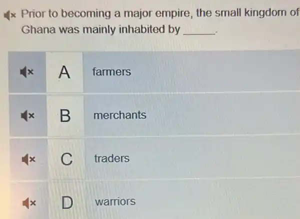 x Prior to becoming a major empire, the small kingdom of
Ghana was mainly inhabited by __
A farmers
B
merchants
C traders
D
warriors