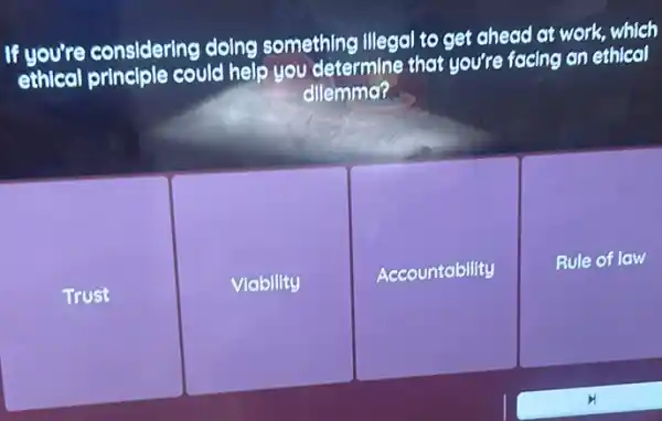 If you're considering doing something illegal to get ahead at work, which
ethical principle could help you determine that you're facing an ethical
dllemma?
Trust
Viability
Accountability
Rule of law