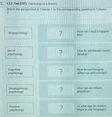 1. 1.5.2 Test (CST):Psychology as a Science
Match the perspective in Column 1 to the corresponding quention in Column
2.
Biopsychology
Social
psychology
Cognitive
psychology
psychology
Developmental
Positive
psychology
square 
life?
How can I lead a happier
square 
How do adolescent brains
?
develop?
square 
How do our thoughts
?	affect our self-concept?
square 
prejudice?
How can we reduce
?
square 
At what age do children
?
begin to use language?