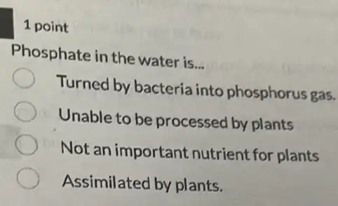 1 point
Phosphate in the water is
__
Turned by bacteria into phosphorus gas.
Unable to be processed by plants
Not an important nutrient for plants
Assimilated by plants.