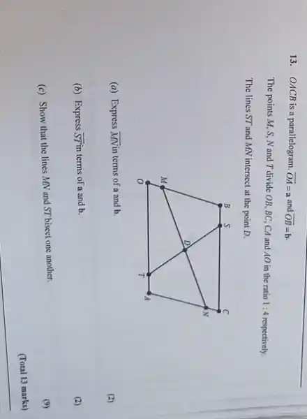 13. OACB is a parallelogram. overrightarrow (OA)=a and overrightarrow (OB)=b
The points M, S N and T divide OB, BC, CA and AO in the ratio 1:4 respectively.
The lines ST and MN intersect at the point D.
(a) Express overrightarrow (MN) n terms of a and b.
(b) Express overrightarrow (ST) in terms of a and b.
(c) Show that the lines MN and ST bisect one another.
(2)
(2)
(9)
(Total 13 marks)