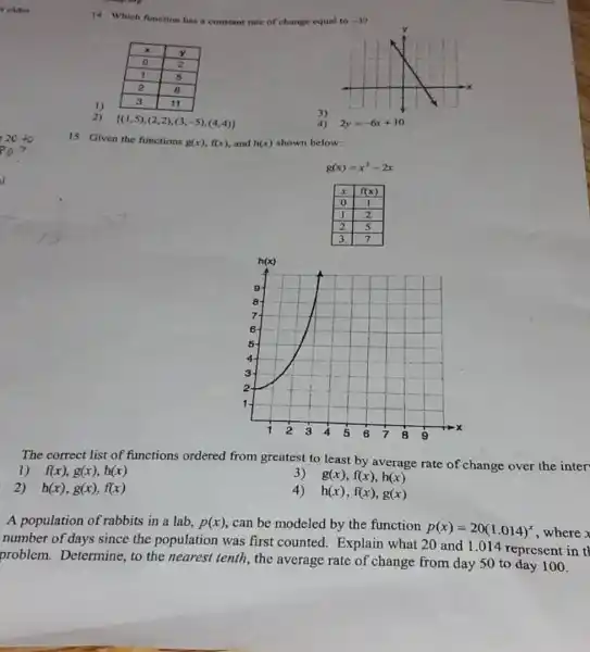 14 Which function has a constant rate of change equal to -32
2)  (1,5),(2,2),(3,-5),(4,4) 
15 Given the functions g(x),f(x) and h(x) shown below:
g(x)=x^2-2x
The correct list of functions ordered from greatest to least by average rate of change over the inter
1) f(x),g(x),h(x)
g(x),f(x),h(x)
2) h(x),g(x),f(x)
4) h(x),f(x),g(x)
A population of rabbit.in a lab, p(x) can be modeled by the function
p(x)=20(1.014)^x , where x
number of days since the population was first counted. Explain what 20 and 1 .014 represent in tl
problem. Determine , to the nearest tenth , the average rate of change from day 50 to day 100.