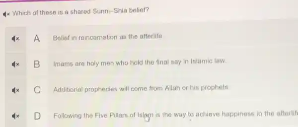 4x Which of these is a shared Sunni -Shia belief?
A
Belief in reincarnation as the afterlife.
B
Imams are holy men who hold the final say in Islamic law.
C
Additional prophecies will come from Allah or his prophets.
D
Following the Five Pillars of Islam is the way to achieve happiness in the afterlif