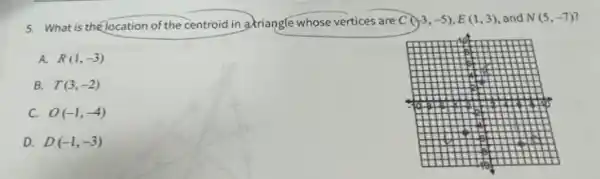 5. What is the location of the centroid in guriangle whose vertices are
C(-3,-5),E(1,3) and N(5,-7)
A. R(1,-3)
B. T(3,-2)
C. O(-1,-4)
D. D(-1,-3)