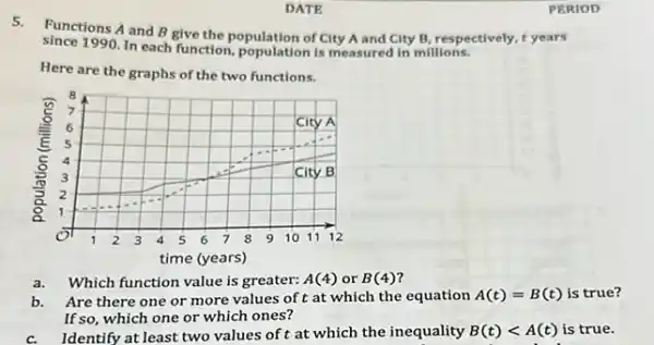 5.
Functions A and B give the population of City A and City B. respectively, t years
since 1990.In each function, population is measured in millions.
Here are the graphs of the two functions.
a. Which function value is greater: A(4) or B(4)
b. Are there one or more values of t at which the equation A(t)=B(t) is true?
If so, which one or which ones?
C.Identify at least two values of t at which the inequality B(t)lt A(t) is true.