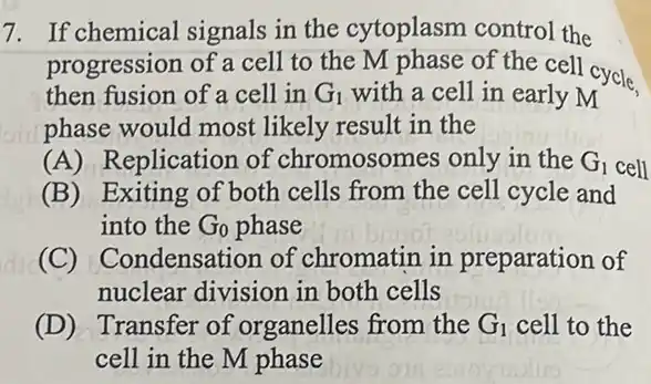 7. If chemical signals in the cytoplasm control the
progression of a cell to the M phase of the cell cycle,
then fusion of a cell in G_(1) with a cell in early M
phase would most likely result in the
(A) Replication of chromosomes only in the G_(1) cell
(B) Exiting of both cells from the cell cycle and
into the G_(0) phase
ndensation of chromatin in preparation of
nuclear division in both cells
(D) Transfer of organelles from the G_(1) cell to the
cell in the M phase