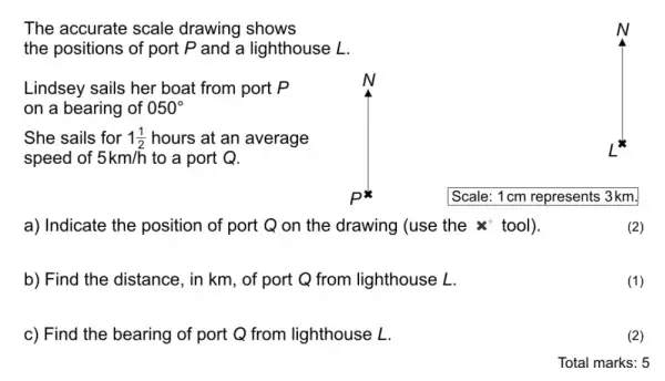 The accurate scale drawing shows
the positions of port P and a lighthouse L.
Lindsey sails her boat from port P
on a bearing of 050^circ 
She sails for 1(1)/(2) hours at an average
speed of 5km/h to a port Q.
a) Indicate the position of port Q on the drawing (use the x^+ tool).
b) Find the distance, in km, of port Q from lighthouse L.
c) Find the bearing of port Q from lighthouse L.
(2)
Total marks: 5