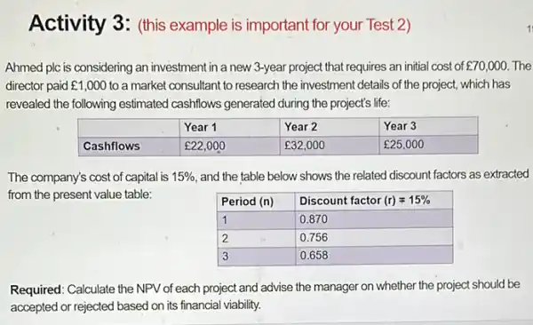 Activity 3: (this example is important for your Test 2)
Ahmed ple is considering an investment in a new 3-year project that requires an initial cost of £ 70,000 . The director paid £ 1,000 to a market consultant to research the investment details of the project, which has revealed the following estimated cashflows generated during the project's life:

 & Year 1 & Year 2 & Year 3 
 Cashflows & £ 22,000 & £ 32,000 & £ 25,000 


The company's cost of capital is 15 % , and the table below shows the related discount factors as extracted from the present value table:

 Period (n) & Discount factor (r) neq 15 % 
 1 & 0.870 
 2 & 0.756 
 3 & 0.658 


Required: Calculate the NPV of each project and advise the manager on whether the project should be accepted or rejected based on its financial viability.