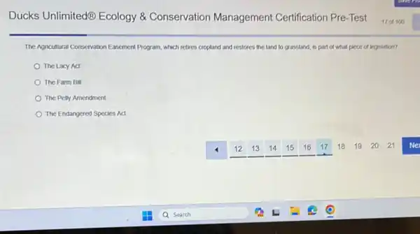 The Agnicultural Conservation Easement Program, which retires croptand and restores the land to grassland, is part of what piece of legistation?
The Lacy Act
The Farm Bill
The Pelly Amendment
The Endangered Species Act