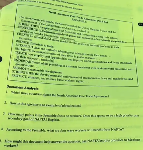 Agreement, 1004
introduction. Trade
to a formal document.
North American Free
PREAMBLE
of the United States
Verted Mexican States, and the
of friendship enolved to:
an expance-International colorelenner opment and conseration among their nations;
territories:
for the goods and services produced in their
distortions to trade:
the competitiveness of their Beous rules governing their trade;
__
__
NDER Prespective terrifories? opportunities and improve workers.
conditions and living standards
conservation; __ cach of the preceding in a manner consistent with environmental protection and
STOMOTE ENTrinable development;
PROTECTION the development and enforcement of environmental laws and regulations; and
PROTECT,enhance, and enforce basic workers rights;
__
Document Analysis
1. Which three countries signed the North American Free Trade Agreement?
2. How is this agreement an example of globalization?
3. How many points in the Preamble focus on workers? Does this appear to be a high priority or a
secondary goal of NAFTA?Explain.
4. According to the Preamble, what are four ways workers will benefit from NAFTA?
5. How might this document help answer the question, has NAFTA TA kept its promises to Mexican
workers?