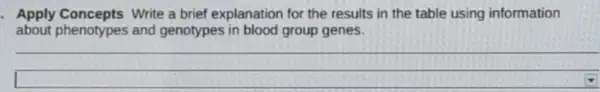 . Apply Write a brief explanation for the results in the table using information
about phenotypes and genotypes in blood group genes.
__